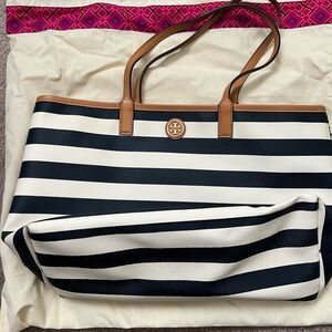 Tory Burch Navy Blue and White Striped Tote
